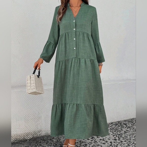 Women's Notched Neck Single-Breasted Long Sleeve Casual Dress - Picture 2 of 5